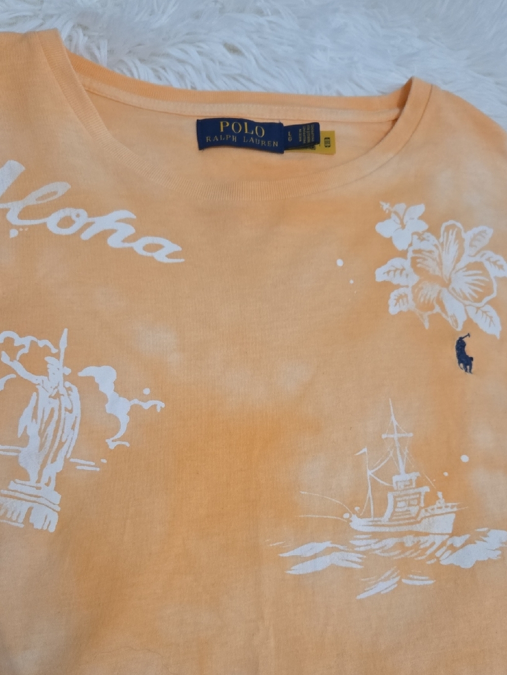 Ralph Lauren Peach Graphic Aloha Tee with White Print Size L